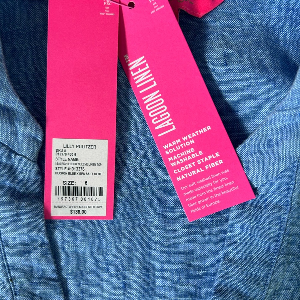 Lilly Pulitzer Mialeigh BLUE Linen Blouse, Size 6 - Picture 5 of 16